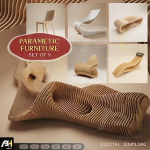 Peut inclure: Ensemble de neuf meubles paramétriques en bois stratifié, comprenant des chaises et un banc, aux formes organiques et fluides. L'image présente les meubles sur un fond neutre. Le texte "PARAMETIC FURNITURE SET OF 9" est visible.