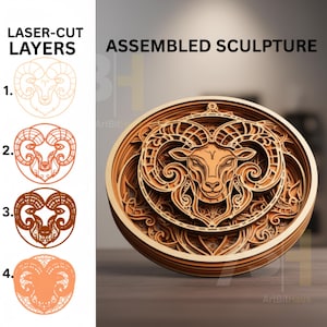 May include: A layered wooden sculpture of an Aries ram's head. The artwork is circular, with multiple layers creating a 3D effect. The sculpture is made of light brown wood and features intricate laser-cut details. The text "LASER-CUT LAYERS" and "ASSEMBLED SCULPTURE" are visible.