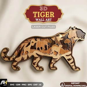 Pode incluir: Uma peça de arte de parede de tigre 3D em madeira com detalhes cortados a laser. A obra de arte apresenta uma silhueta de tigre com recortes em camadas que retratam a vida selvagem africana. O texto "3D TIGER WALL ART" é exibido acima do tigre.
