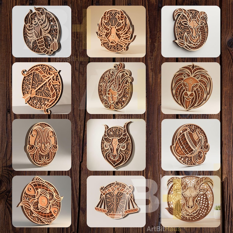 May include: A collection of twelve wooden zodiac signs, each intricately laser-cut with detailed designs. The signs are displayed on individual white squares against a wooden background. The signs include Aries, Taurus, Gemini, Cancer, Leo, Virgo, Libra, Scorpio, Sagittarius, Capricorn, Aquarius, and Pisces.