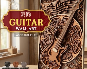 May include: A 3D wooden guitar wall art piece with laser-cut layers. The artwork features a detailed guitar design with musical notes and decorative patterns. The text on the image reads "3D GUITAR WALL ART" and "LASER CUT FILES".