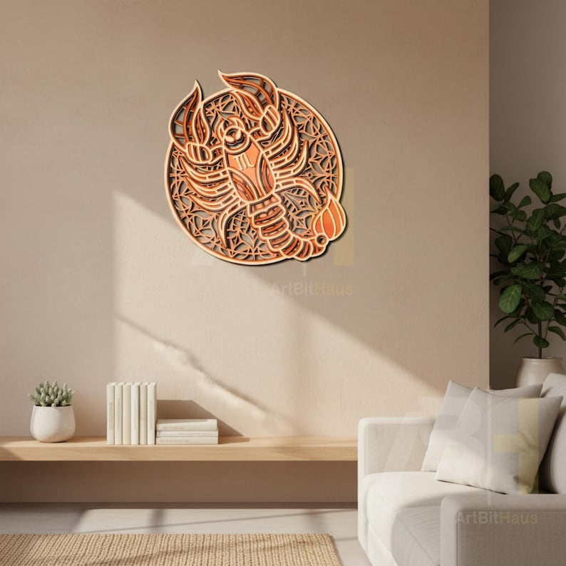 May include: A layered wooden wall art piece depicting a detailed lobster design. The artwork features shades of brown and orange, with intricate cut-out patterns within a circular frame. The lobster is the focal point, with a textured appearance.