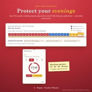 Op de afbeelding: Een digitale docentenplanner-interface genaamd Prep-Time Protector. Het toont een weekschema met kleurgecodeerde taken, een nakijktimer ingesteld op 17:42 en een notitieblaadje met nakijkintervallen van 15, 25, 40 en 50 minuten.