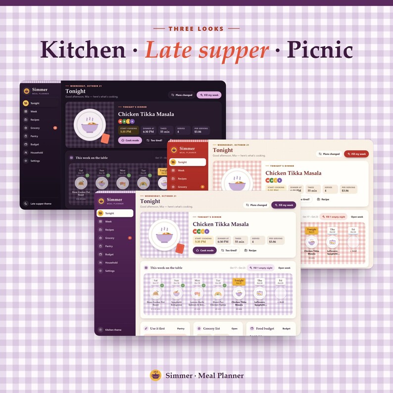 May include: Three digital meal planner interface designs titled Kitchen, Late supper, and Picnic. Each layout displays a dashboard with a sidebar, a Tonight section featuring Chicken Tikka Masala, and a weekly meal schedule on a light purple grid.
