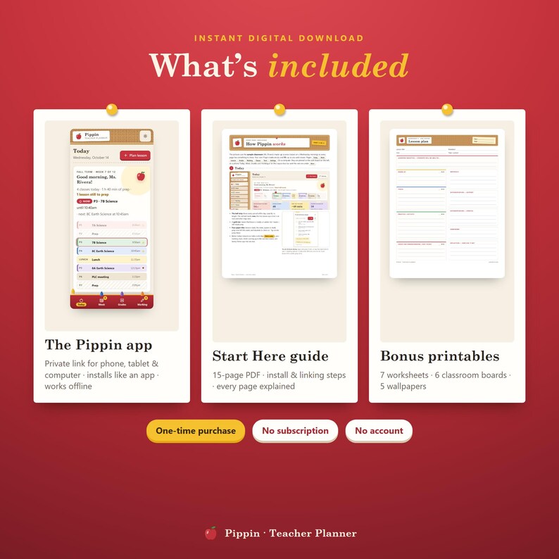 Op de afbeelding: Een digitale downloadset voor de Pippin lerarenplanner, inclusief een app-interface, een 15-pagina tellende starthandleiding en bonus printables. De tekst bevat What's included, The Pippin app, Start Here guide en Bonus printables.