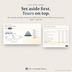 May include: A digital budget planner interface titled Your Stone Garden. It displays financial data, a stack of colored stones representing budget categories, and a table titled How yours to spend is worked out with monthly figures.