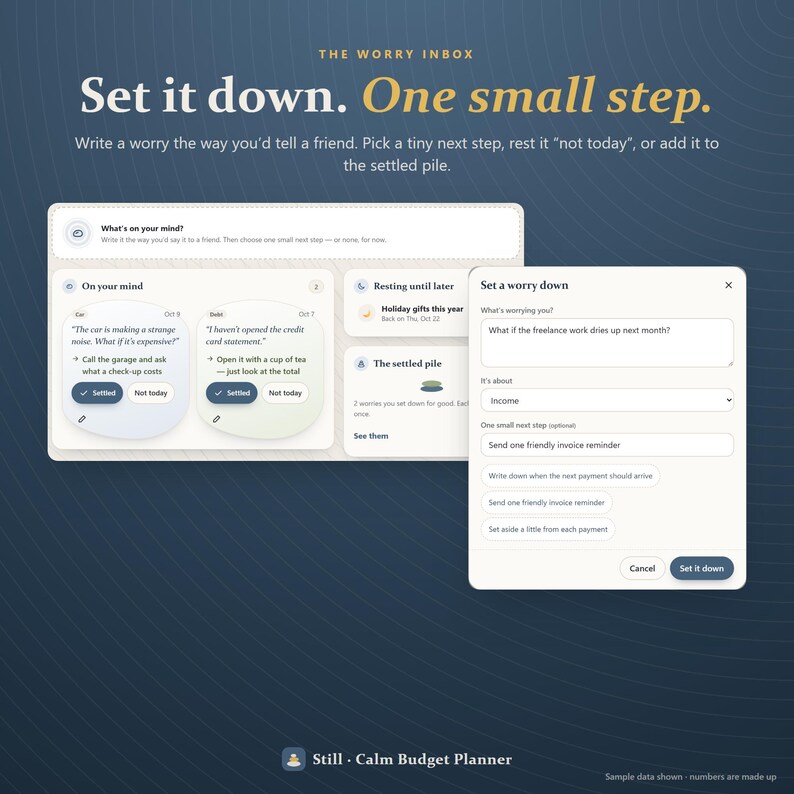 May include: A digital interface titled The Worry Inbox with the text Set it down. One small step. The screen displays input fields for recording worries, selecting next steps, and organizing items into categories like Resting until later and The settled pile.