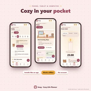 May include: Three smartphone screens displaying the Snug app interface with a light beige background. The screens show task lists, a home dashboard with a bear character, and a focus room with a candle timer. Text includes "Cozy in your pocket" and "Snug - Cozy Life Planner."