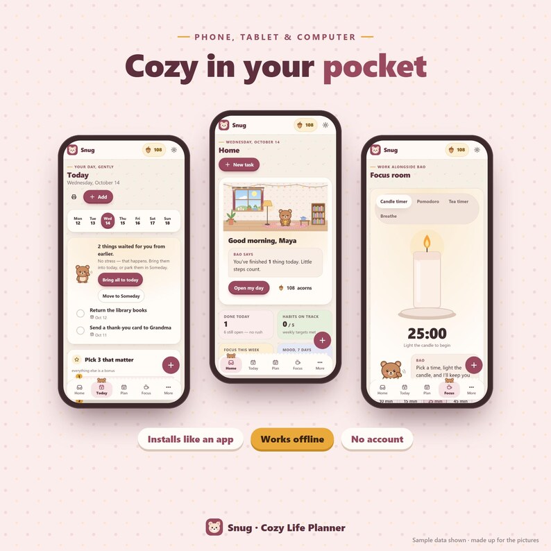May include: Three smartphone screens displaying the Snug app interface with a light beige background. The screens show task lists, a home dashboard with a bear character, and a focus room with a candle timer. Text includes "Cozy in your pocket" and "Snug - Cozy Life Planner."