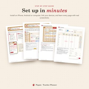 Op de afbeelding: Een vierpagina tellende stapsgewijze handleiding getiteld Set up in minutes voor de Pippin Teacher Planner. De pagina's bevatten instructietekst, screenshots van een digitale interface, een weekrooster en een cijferlijst.