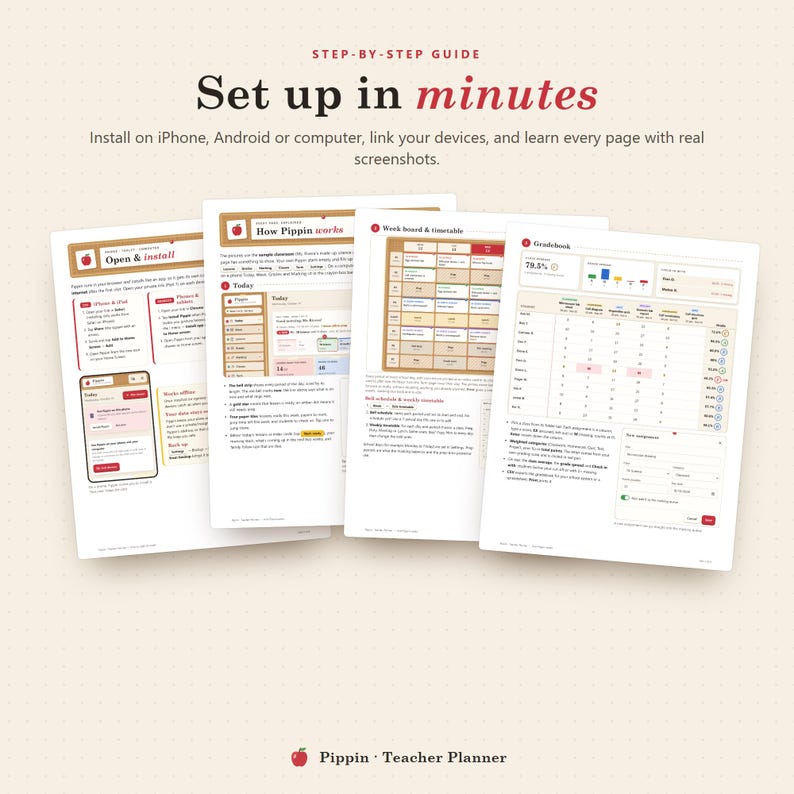 Op de afbeelding: Een vierpagina tellende stapsgewijze handleiding getiteld Set up in minutes voor de Pippin Teacher Planner. De pagina's bevatten instructietekst, screenshots van een digitale interface, een weekrooster en een cijferlijst.