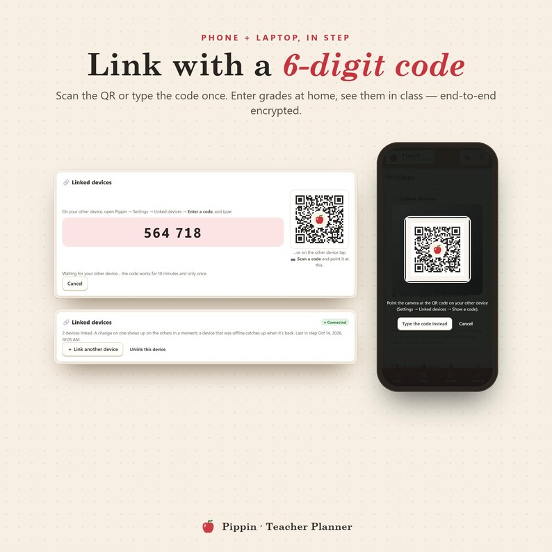 Op de afbeelding: Een digitale interface voor Pippin Teacher Planner met een 6-cijferige code 564 718, een QR-code met een appelpictogram en instructies om een telefoon en laptop te koppelen. Het scherm toont Linked devices en de verbindingsstatus.