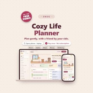 May include: A digital Cozy Life Planner app interface displayed on a laptop and smartphone. The screen shows a dashboard with a bear character, task lists, and habit trackers. Text includes Try the Free Demo, Snug, and Plan gently, with a friend by your side.