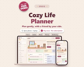 May include: A digital Cozy Life Planner app interface displayed on a laptop and smartphone. The screen shows a dashboard with a bear character, task lists, and habit trackers. Text includes Try the Free Demo, Snug, and Plan gently, with a friend by your side.