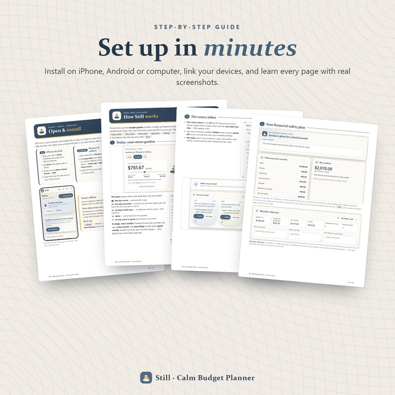 May include: A step-by-step guide titled Set up in minutes for the Still Calm Budget Planner. The document features four pages with text, diagrams, and screenshots explaining how to install and use the digital financial planning software.