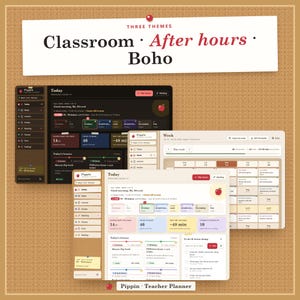 Op de afbeelding: Een digitale docentenplanner-interface genaamd Pippin met drie kleurthema's: Classroom, After hours en Boho. De lay-out toont dagelijkse lesroosters, beoordelingstaken en weekkalenders in donkere, lichte en beige kleurenschema's.