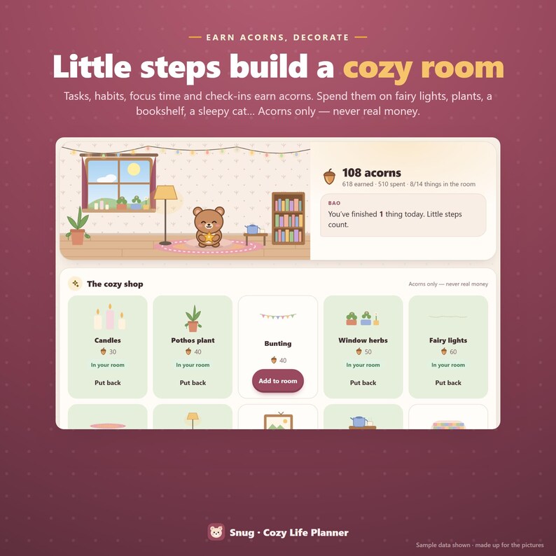 May include: A digital interface for the Snug Cozy Life Planner app, featuring a room customisation screen with a brown bear character, a shop menu for virtual items like candles and plants, and text stating Little steps build a cosy room.