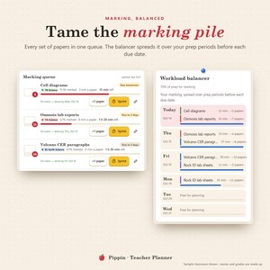 Op de afbeelding: Een digitale interface getiteld Marking, Balanced met een beoordelingswachtrij en werkbelastingplanner. De wachtrij toont opdrachten met voortgangsbalken, terwijl de planner de taken per dag organiseert en verdeelt over de beschikbare tijd.