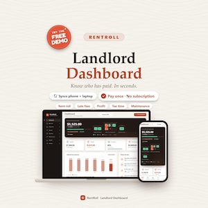 May include: A RentRoll landlord dashboard interface displayed on a laptop and smartphone screen. The dashboard features financial data, including a total of $5,525.00, with text labels for rent roll, late fees, profit, tax time, and maintenance.