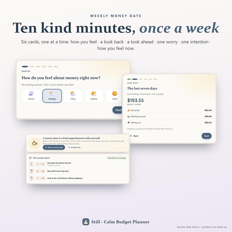 May include: A digital interface for a Weekly Money Date budget planner. The screen displays text: Ten kind minutes, once a week. It features interactive cards for tracking financial habits, including sections for feelings, past expenses, and intentions, with a soft cream and dark blue color palette.