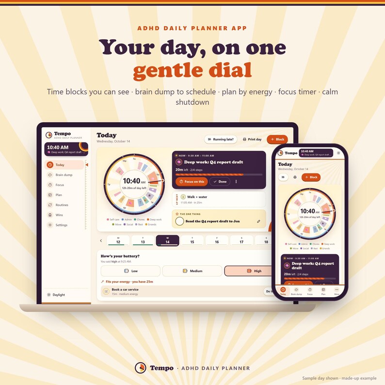 ADHD Daily Planner App, Time Blocking Schedule, Brain Dump & Focus Timer image 1