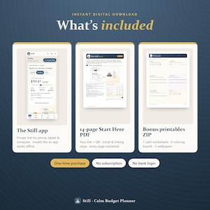 May include: A digital product overview titled What's included, featuring three panels: The Still app, a 14-page Start Here PDF, and a Bonus printables ZIP. Below are buttons stating One-time purchase, No subscription, and No bank login.