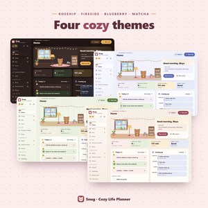 May include: Four digital planner interface designs titled Four cozy themes with Rosehip, Fireside, Blueberry, and Matcha colour palettes. Each layout features a central room illustration with a bear character, task lists, and daily schedules.