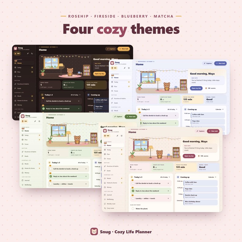 May include: Four digital planner interface designs titled Four cozy themes with Rosehip, Fireside, Blueberry, and Matcha colour palettes. Each layout features a central room illustration with a bear character, task lists, and daily schedules.