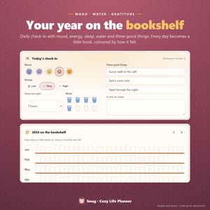 May include: A digital planner interface titled Your year on the bookshelf featuring a daily check-in section for mood, energy, sleep, and water intake, alongside a 2026 bookshelf tracker for logging daily feelings with colour-coded book icons.