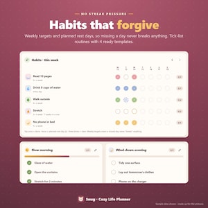 May include: A digital habit tracker interface on a dark red background with the text Habits that forgive. It features a weekly checklist with icons for reading, drinking water, walking, stretching, and phone use, plus two routine templates.