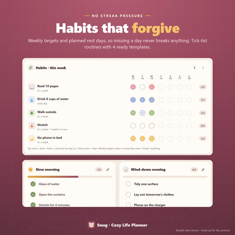 May include: A digital habit tracker interface on a dark red background with the text Habits that forgive. It features a weekly checklist with icons for reading, drinking water, walking, stretching, and phone use, plus two routine templates.