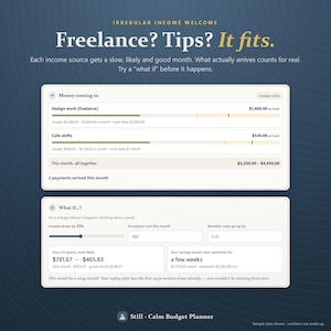 May include: A digital budget planner interface on a dark blue background with the text Freelance? Tips? It fits. The display shows income sources like Design work and Caf&eacute; shifts with dollar amounts, plus a What if? section for financial forecasting.