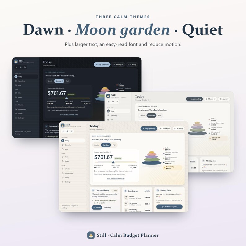 May include: A digital interface for a budget planner titled Still, featuring three color themes: Dawn, Moon garden, and Quiet. The display shows financial data, spending logs, and a stacked stone graphic with text including larger font options and reduced motion settings.