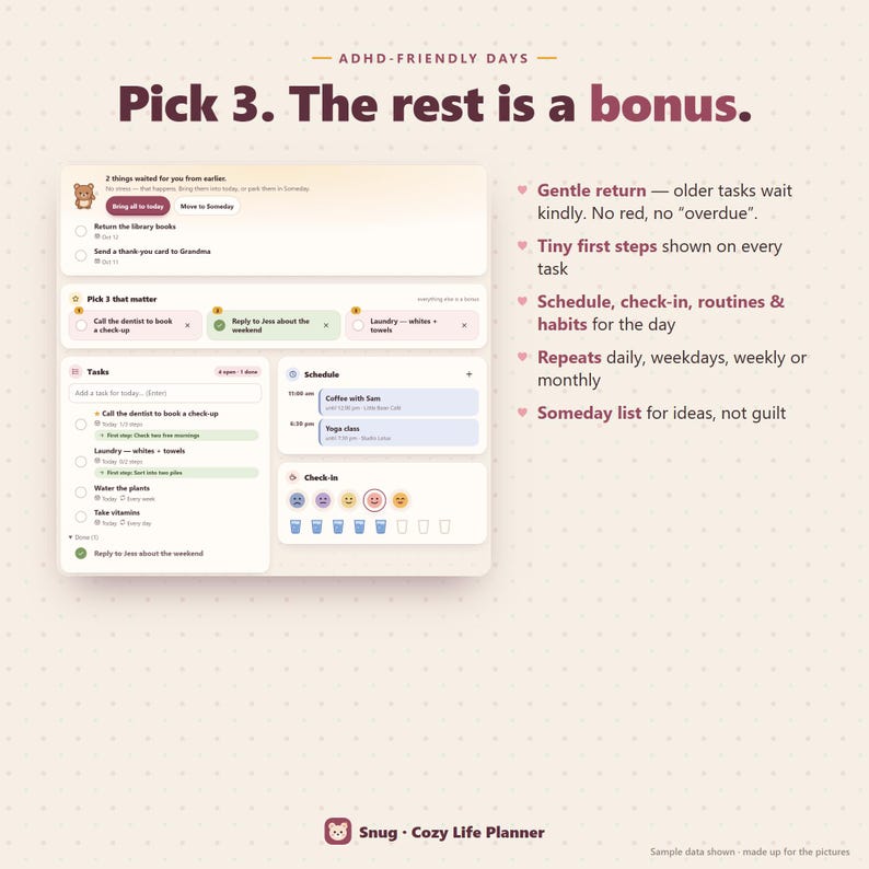 May include: A digital planner interface titled ADHD-Friendly Days: Pick 3. The rest is a bonus. The layout includes sections for tasks, a schedule, and check-ins with icons, text, and a light beige background with a subtle dot grid pattern.