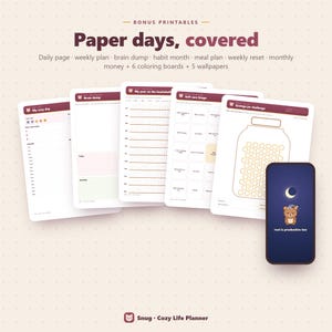 May include: A set of printable planner pages including daily, weekly, and monthly templates, a brain dump, self-care bingo, and a savings jar challenge. A smartphone displays a night-themed wallpaper with a bear and the text rest is productive too.