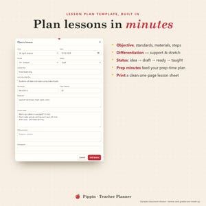 Op de afbeelding: Een digitaal lesplan-sjabloon getiteld Plan lessons in minutes. De interface bevat velden voor klas, datum, periode, status, titel, leerdoel, standaarden, voorbereidingstijd, materialen, stappen, differentiatie en huiswerk.