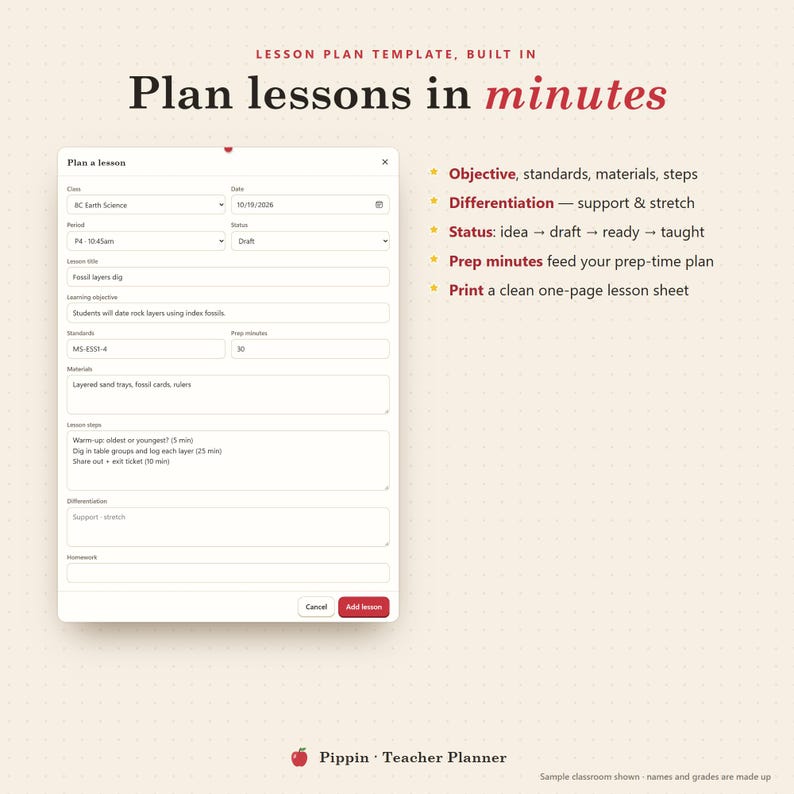 Op de afbeelding: Een digitaal lesplan-sjabloon getiteld Plan lessons in minutes. De interface bevat velden voor klas, datum, periode, status, titel, leerdoel, standaarden, voorbereidingstijd, materialen, stappen, differentiatie en huiswerk.