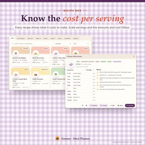May include: A digital interface for the Simmer Meal Planner app displayed on a light purple gingham background. The screen shows a recipe box dashboard with cost per serving details, recipe cards, and a detailed Chicken Tikka Masala recipe view.