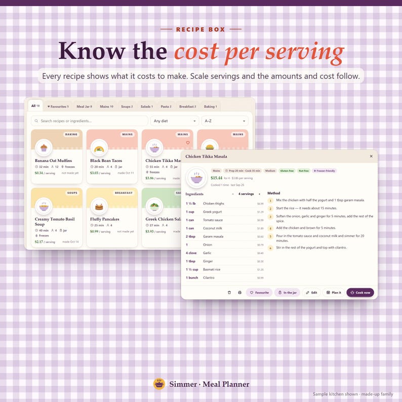 May include: A digital interface for the Simmer Meal Planner app displayed on a light purple gingham background. The screen shows a recipe box dashboard with cost per serving details, recipe cards, and a detailed Chicken Tikka Masala recipe view.