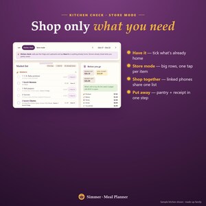May include: A digital interface for the Simmer meal planner app on a purple background. The screen displays a market list with produce items, budget details, and a guide explaining features like Have it, Store mode, Shop together, and Put away.