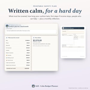 May include: A printable financial safety plan document titled Written calm, for a hard day. It features sections for monthly expenses, a cushion calculation, and a note to self. The layout includes a detailed list of bills and a summary page.