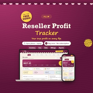May include: A digital dashboard for a Reseller Profit Tracker displayed on a laptop and smartphone screen. The interface features purple and cream tones with text including Reseller Profit Tracker, Syncs phone + laptop, and Pay once - No subscription.