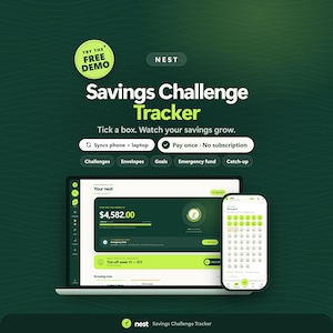 May include: A digital Savings Challenge Tracker displayed on a laptop and smartphone screen. The interface features dark green and lime green accents with text including Savings Challenge Tracker, Try the Free Demo, and Pay once - No subscription.