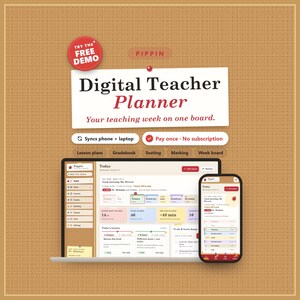 Op de afbeelding: Een digitale docentenplanner-interface weergegeven op een laptop- en smartphonescherm. De tekst luidt Pippin, Digital Teacher Planner, Your teaching week on one board, Try the free demo, Syncs phone + laptop, Pay once - No subscription.