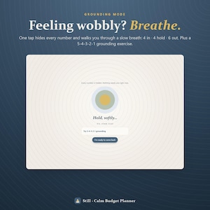 May include: A digital interface titled Grounding Mode with the text Feeling wobbly? Breathe. It features a central circular graphic, the instruction Hold, softly..., a button for 5-4-3-2-1 grounding, and a button labeled I'm ready to come back.