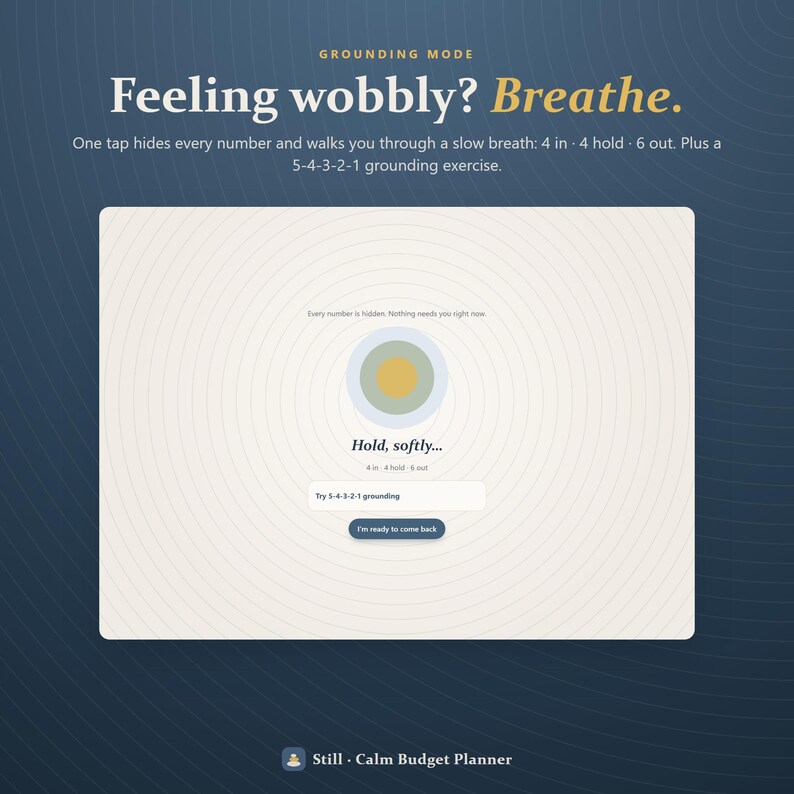 May include: A digital interface titled Grounding Mode with the text Feeling wobbly? Breathe. It features a central circular graphic, the instruction Hold, softly..., a button for 5-4-3-2-1 grounding, and a button labeled I'm ready to come back.