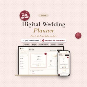 Op de afbeelding: Een digitale trouwplanner-interface weergegeven op een laptop- en smartphonescherm. Het ontwerp bevat tekst zoals Vow, Digital Wedding Planner, Plan it all, beautifully, together, Syncs phone + laptop en Pay once - No subscription.