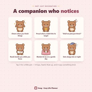 May include: A digital graphic titled A companion who notices, featuring six squares with a brown bear character. Text includes Cheers when you finish things, Proud when a habit hits its target, Shall we pick just three?, Reads beside you while you focus, Blanket & tea on a gentle day, Gets sleepy late at night, and Snug Cozy Life Planner.