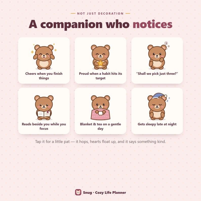 May include: A digital graphic titled A companion who notices, featuring six squares with a brown bear character. Text includes Cheers when you finish things, Proud when a habit hits its target, Shall we pick just three?, Reads beside you while you focus, Blanket & tea on a gentle day, Gets sleepy late at night, and Snug Cozy Life Planner.