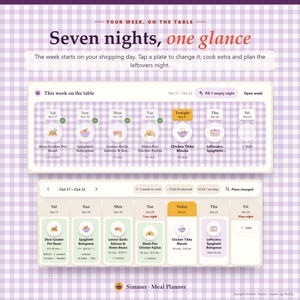 May include: A digital meal planner interface titled Your Week, On The Table, Seven nights, one glance. It displays two weekly calendar views with meal icons, dates, and dish names like Slow-Cooker Pot Roast and Chicken Tikka Masala.